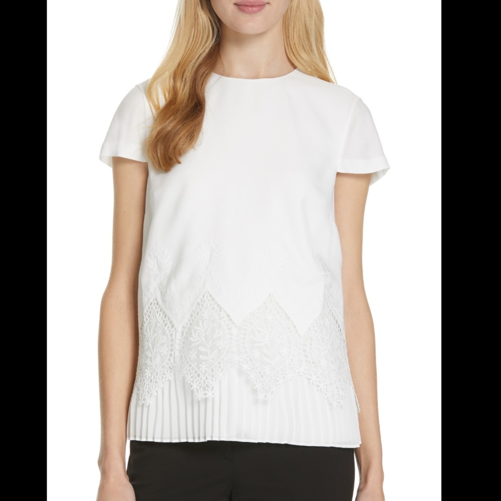 Ted Baker White Lace Trim Pleated Hem Cap Sleeve Blouse